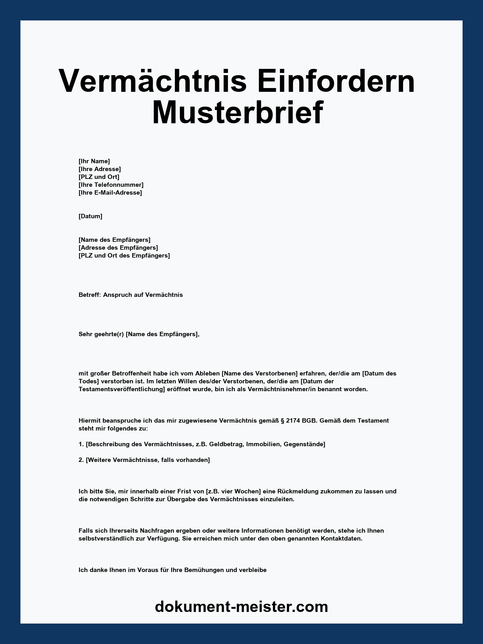 Vermächtnis Einfordern Musterbrief